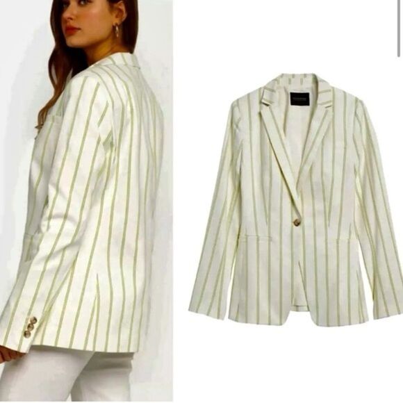🆕 BANANA REPUBLIC women’s neon lime stripped LONG & LEAN-FIT STRIPE BLAZER sz 8 - Picture 1 of 11